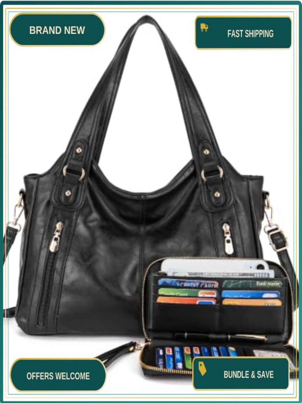 Faux Leather Hobo Shoulder Bag and Wallet Set 2pc Adjustable Strap